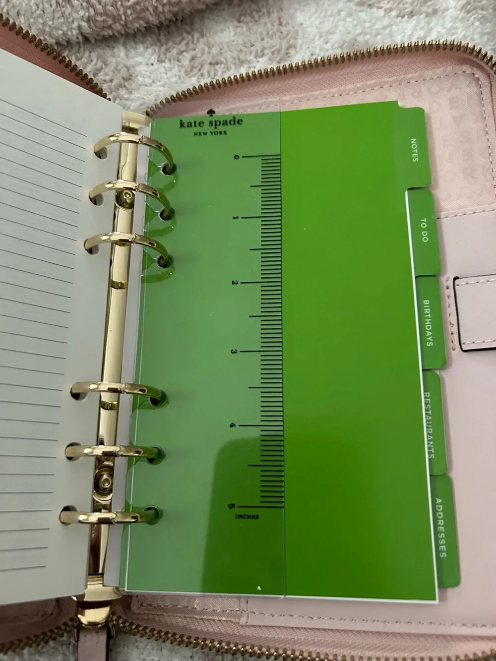kate spade Wellesley Light Pink Zip personal size planner with Gold detail.
